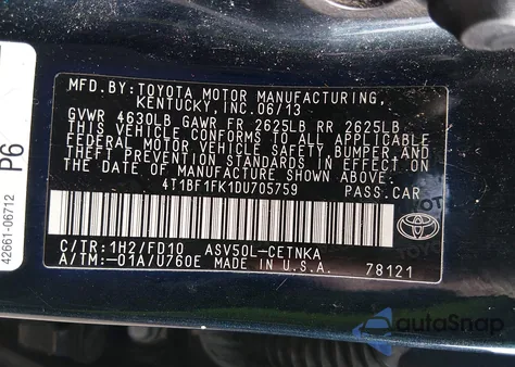 2013 Toyota Camry Le из США, поврежденный, VIN 4T1BF1FK1DU705759